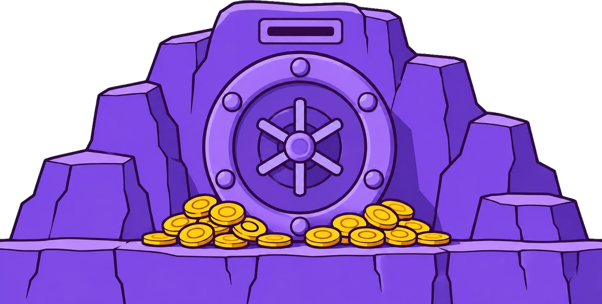 A vault in the violet rock with coins in front of its door